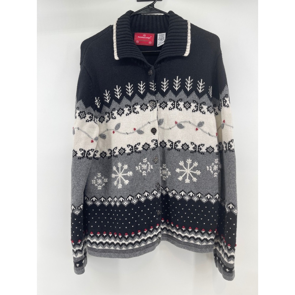 Holiday Lodge NorthCrest Womens Large Christmas Snowflake Cardigan Sweater Black